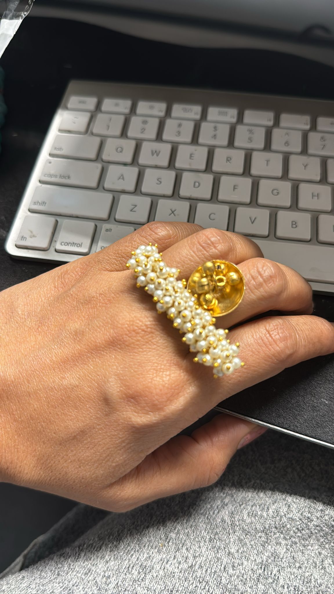 Gold Pearl Ghungroo Adjustable Ring