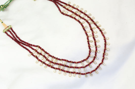 3 Strand CZ Polki & Semiprecious Beaded Necklace -Red