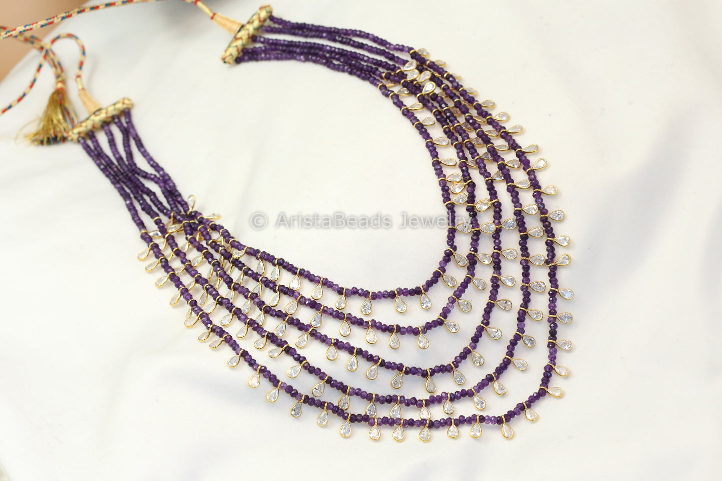 5 Strand CZ Polki & Semiprecious Beaded Necklace - Purple