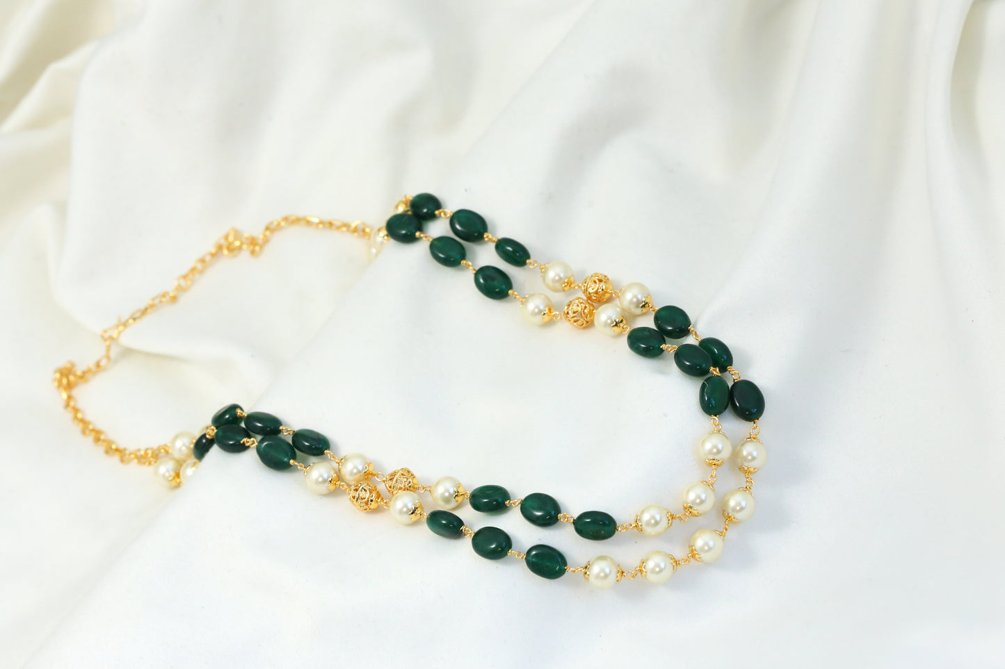 2 Strands Pearl & Green Jade Necklace