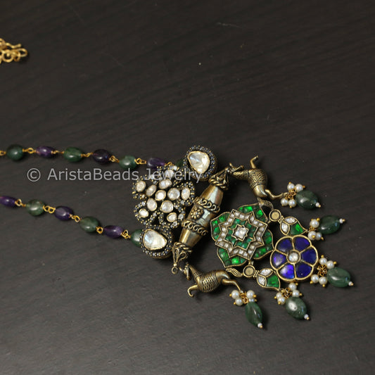 Fusion Jadau & Moissanite Necklace - Aventurine & Amethyst Beads