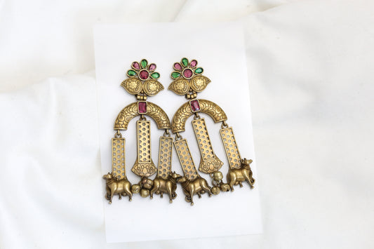 Nandi Antique Gold Earrings - Green Ruby