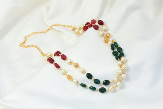2 Strands Pearl & Green Red Jade Necklace