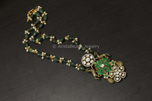 Fusion Jadau & Moissanite Necklace - Aventurine Beads