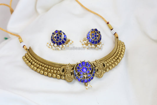 Jadau Thussi Necklace Set  - Blue