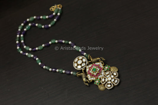 Fusion Jadau & Moissanite Necklace - Aventurine & Amethyst Beads