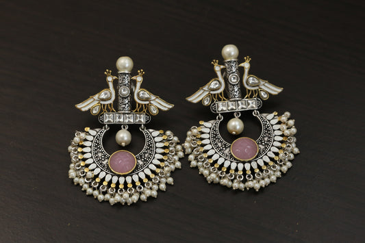 Dual Tone Kundan Enamel Earrings -Pink