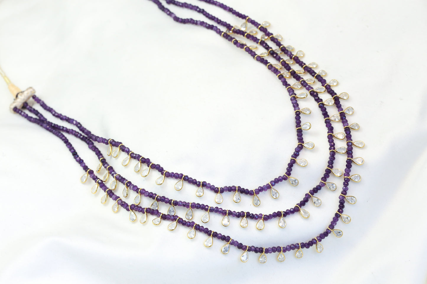 3 Strand CZ Polki & Semiprecious Beaded Necklace - Purple