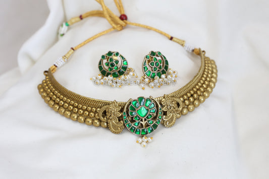 Jadau Thussi Necklace Set  - Green