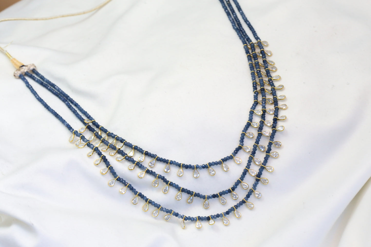 3 Strand CZ Polki & Semiprecious Beaded Necklace -Blue