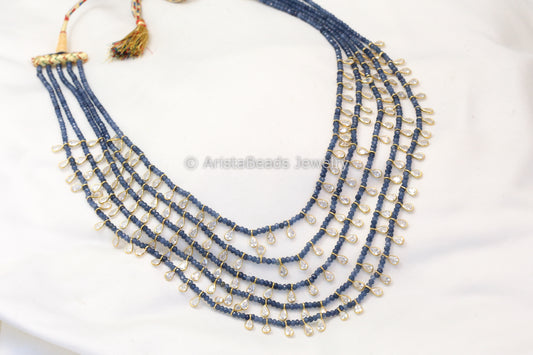 5 Strand CZ Polki & Semiprecious Beaded Necklace -Blue