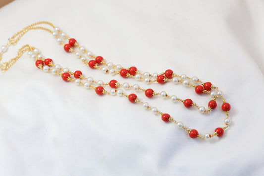 2 Line Coral & Pearl Beaded Necklace