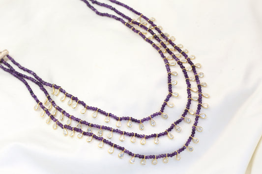 3 Strand CZ Polki & Semiprecious Beaded Necklace - Purple