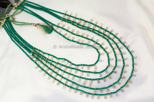 5 Strand CZ Polki & Semiprecious Beaded Necklace -Emerald