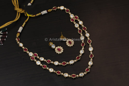 Dainty Layered Uncut Polki Necklace Set - Red