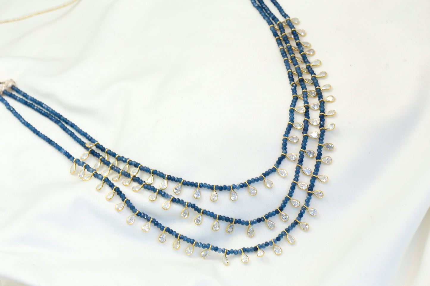3 Strand CZ Polki & Semiprecious Beaded Necklace -Blue