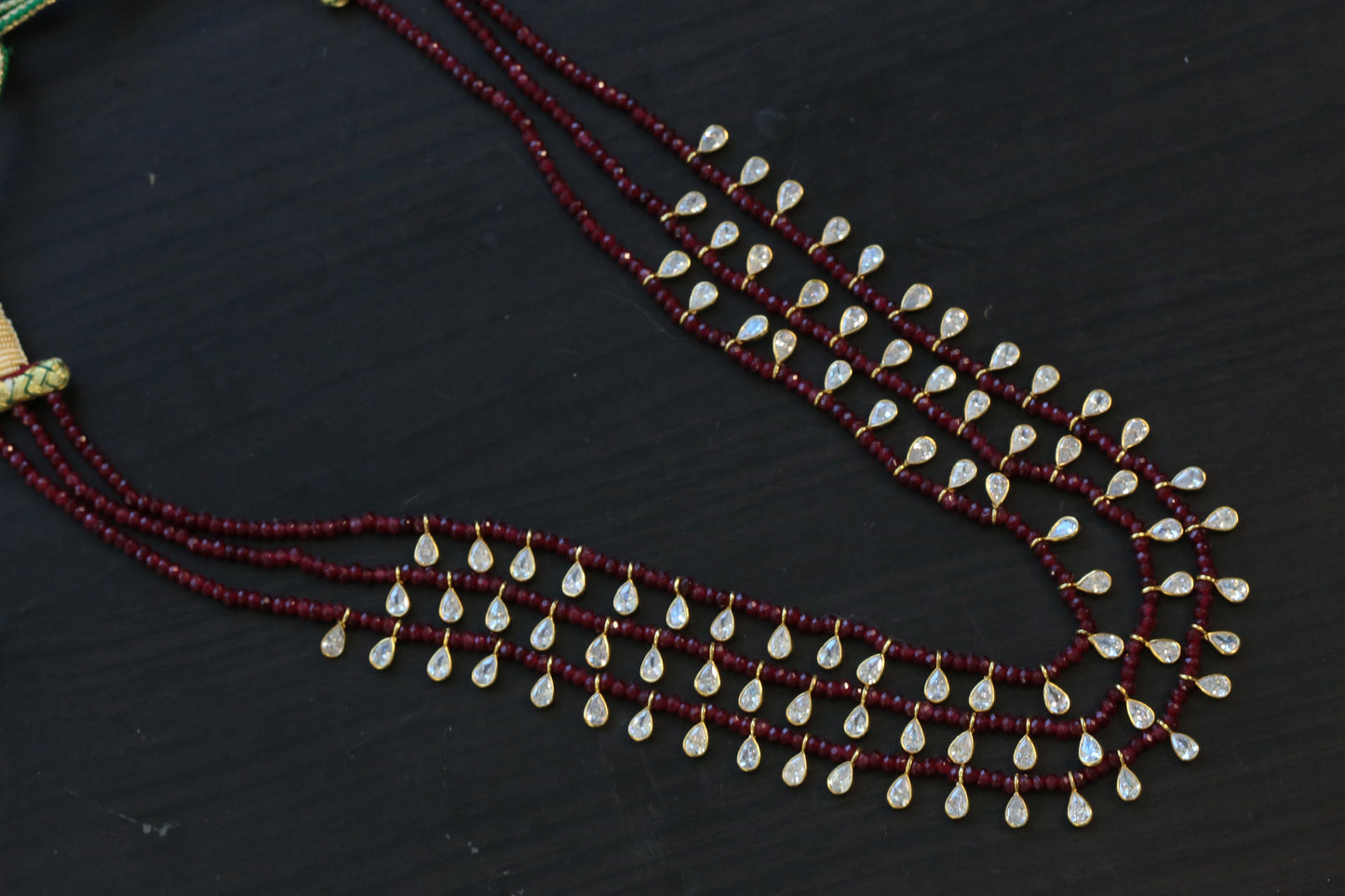 3 Strand CZ Polki & Semiprecious Beaded Necklace -Red