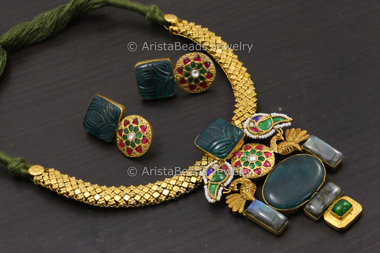 925 Silver Kundan Necklace Set With Real Labrodorite & Onyx