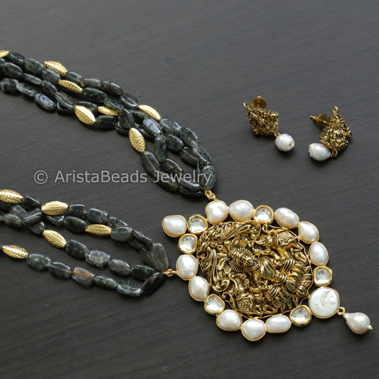 Kundan Baroque Pearls & Semiprecious Stone Lakshmi Necklace Set