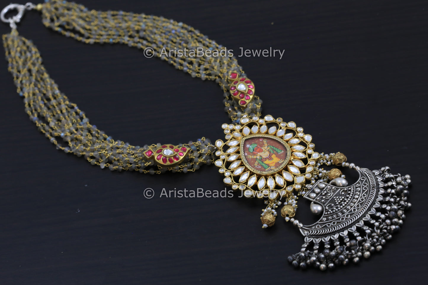 925 Fusion Kundan Necklace In Silver Labradorite Chains