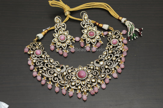 Victorian Polki & CZ Necklace Set -Pink