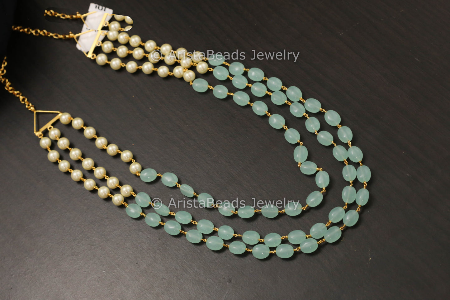 3 Stand Mint Beads & Pearls Necklace