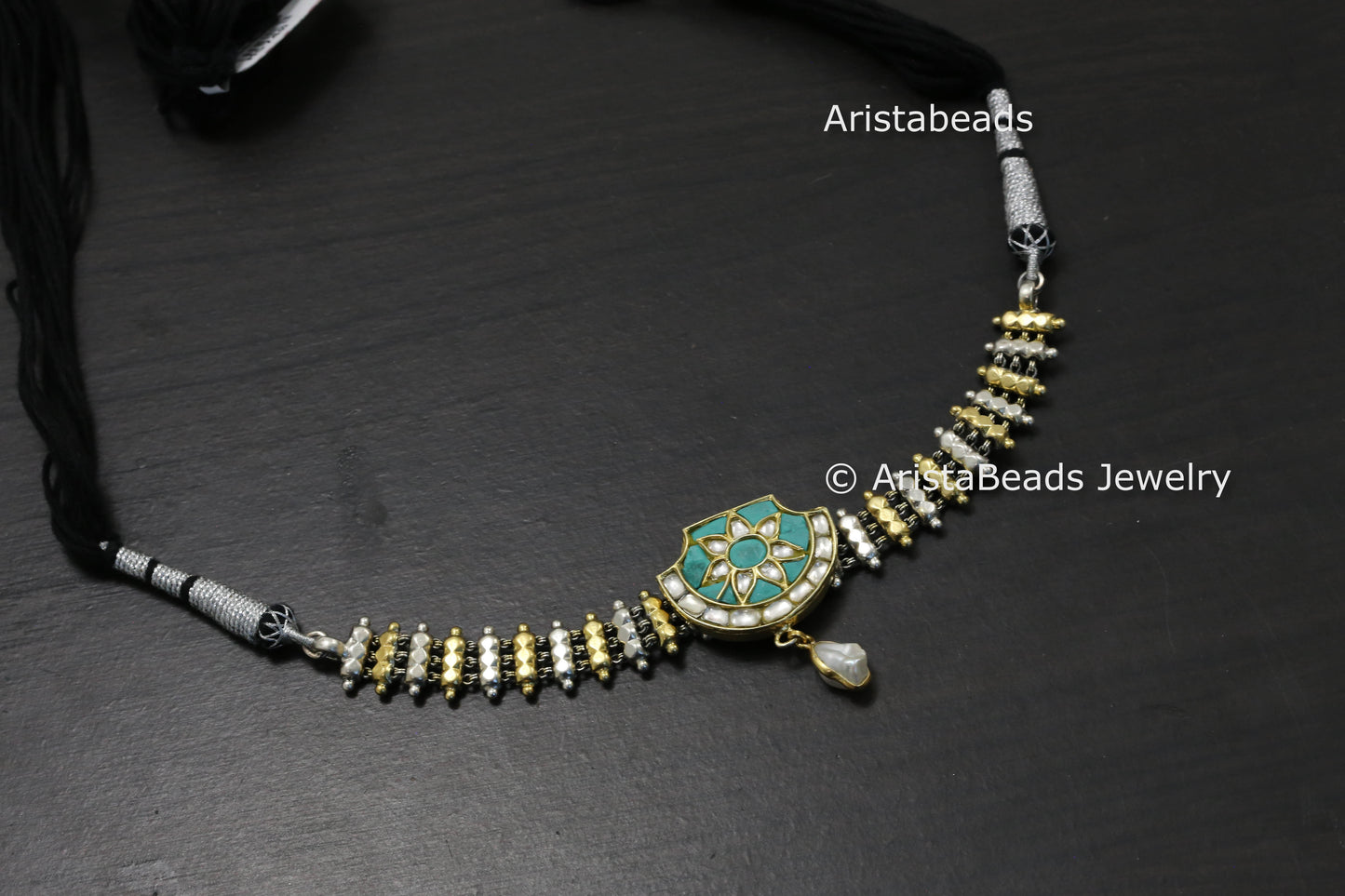 925 Sterling Silver Jadau Kundan Necklace - Turquoise