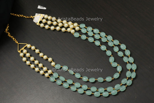 3 Stand Mint Beads & Pearls Necklace