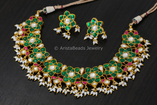 Next To Real Silver Jadau Necklace Set - Green