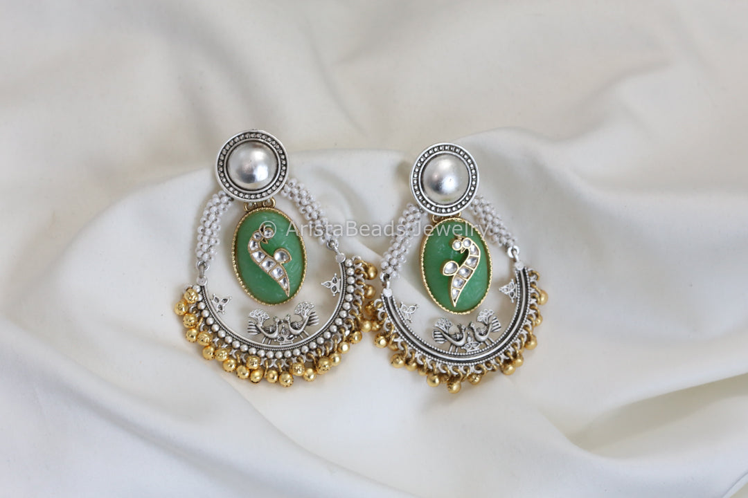 Dual Tone Carved Stone Earrings - Mint