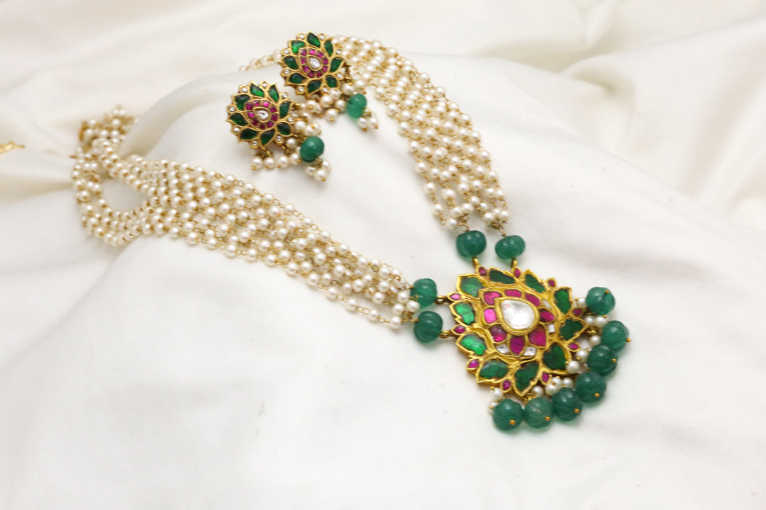 Long Jadau Necklace Set In Premium Pearl Chain