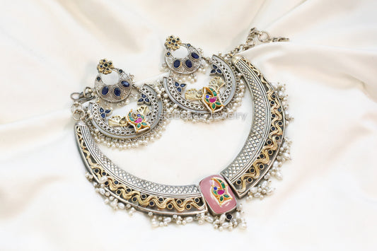Fusion Jadau Kundan Hasli Necklace Set -Pink Blue