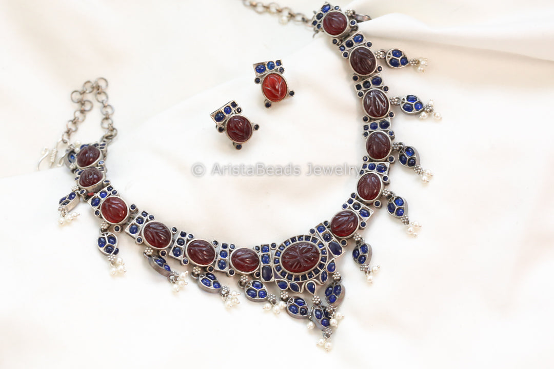 Carved Stone Oxidized Necklace Set - Red Blue