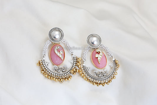 Dual Tone Carved Stone Earrings - Pink