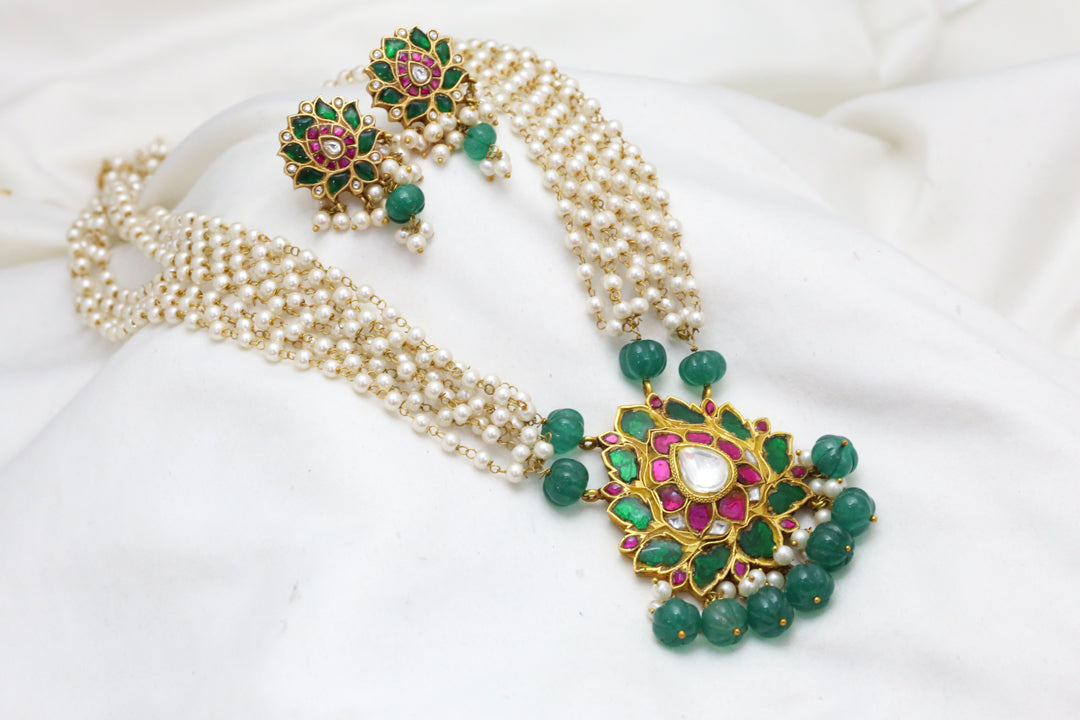 Long Jadau Necklace Set In Premium Pearl Chain