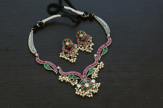 Jadau Kundan Oxidized Necklace Set - Ruby Green