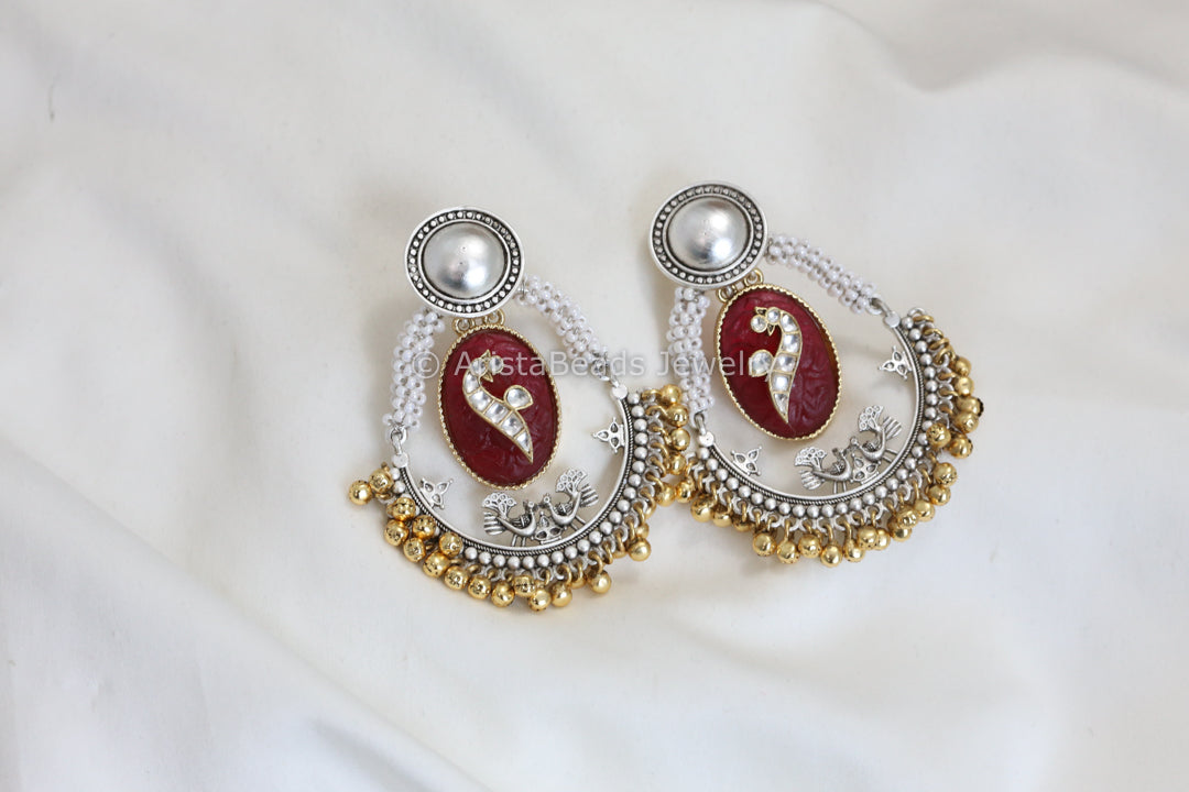 Dual Tone Carved Stone Earrings -Red