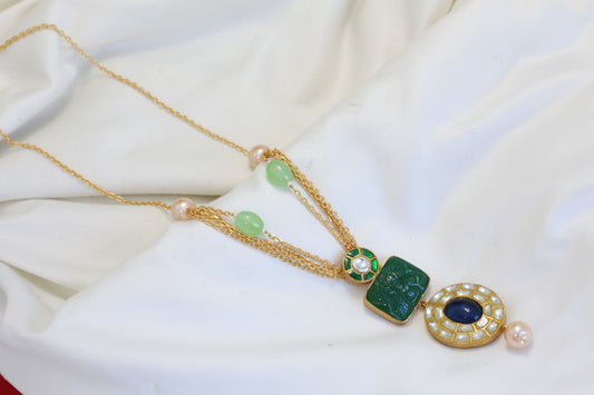 Dainty Jadau Kundan Necklace - Green Carved Stone