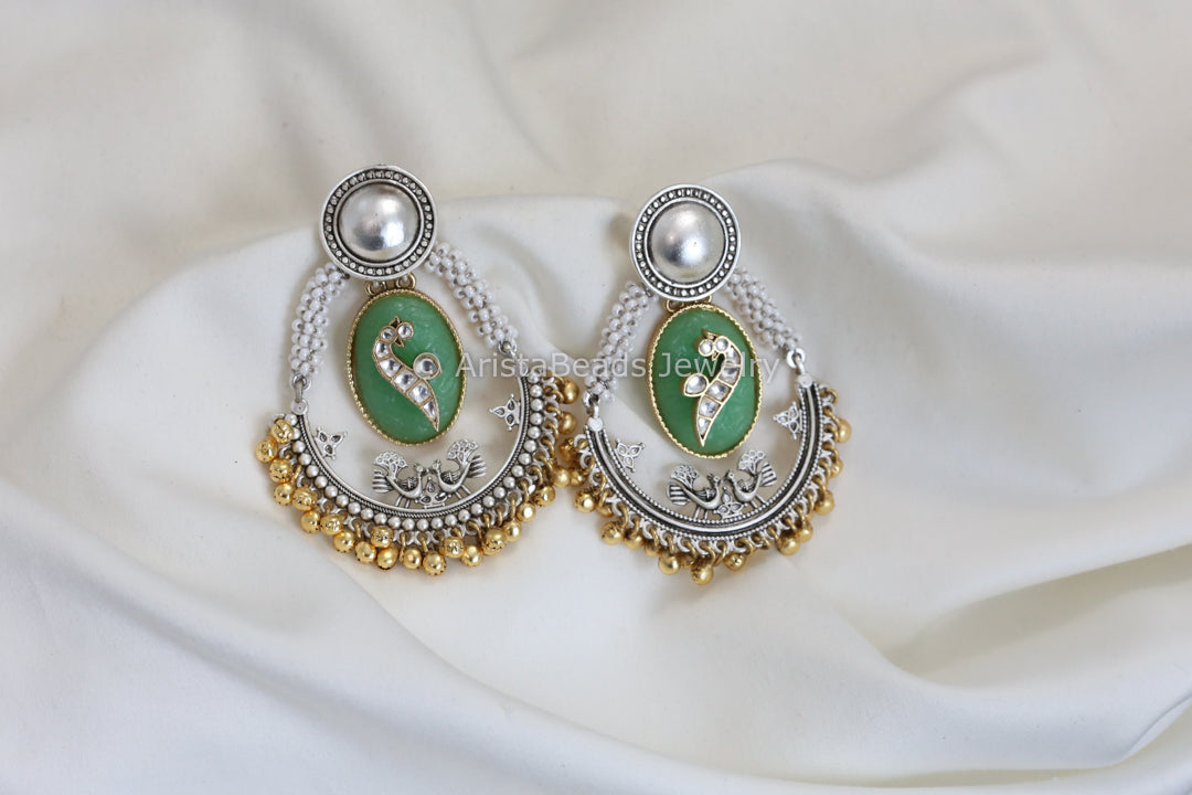 Dual Tone Carved Stone Earrings - Mint