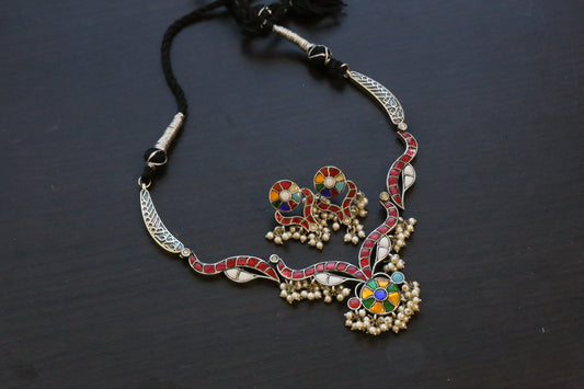 Jadau Kundan Oxidized Necklace Set - Multi