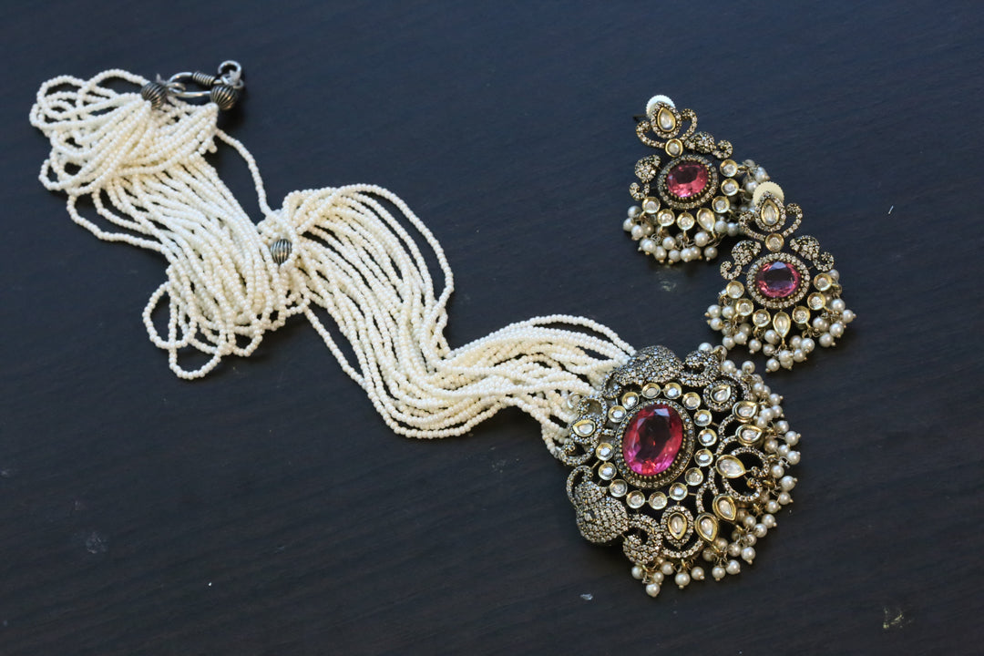 Dual Tone Victorian Necklace Set - Fuchsia pink – AristaBeads Jewelry