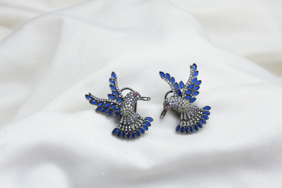 Pave Setting CZ Bird Earrings - Blue