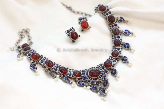 Carved Stone Oxidized Necklace Set - Red Blue