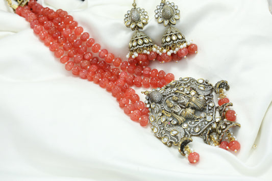 Victorian Krishna Polki Necklace Set - Melon Beads