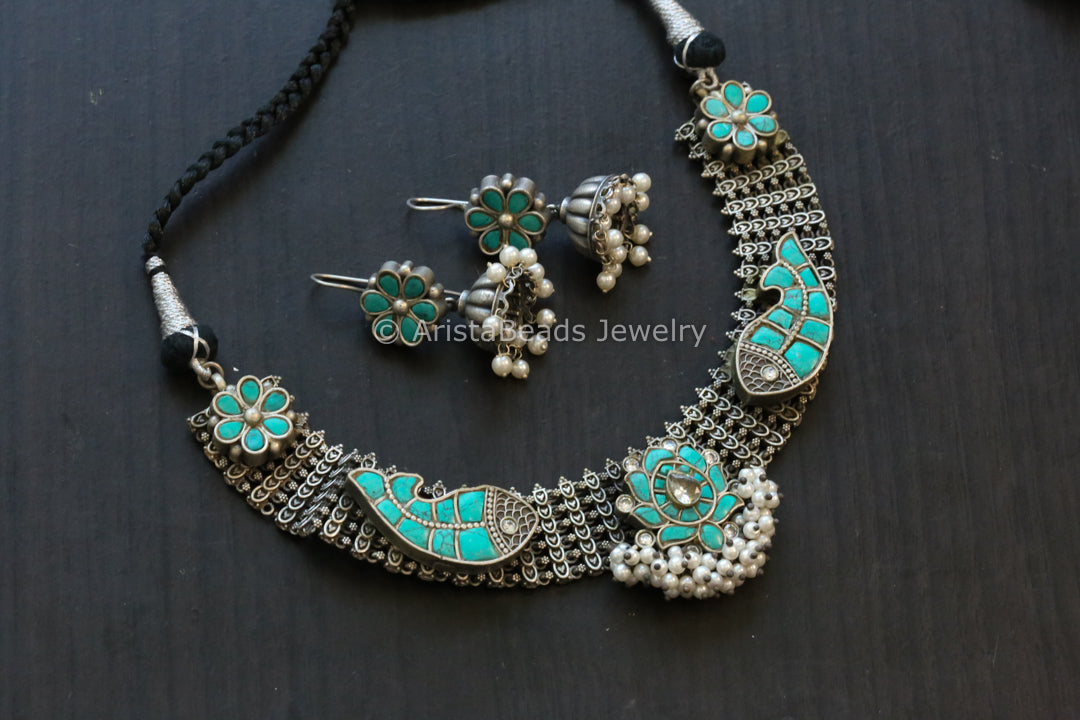 Next To Real Silver Jadau Fusion Necklace Set - Turquoise