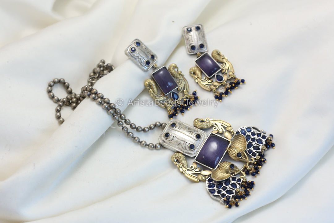 Silver Replica Necklace Set- Purple Blue