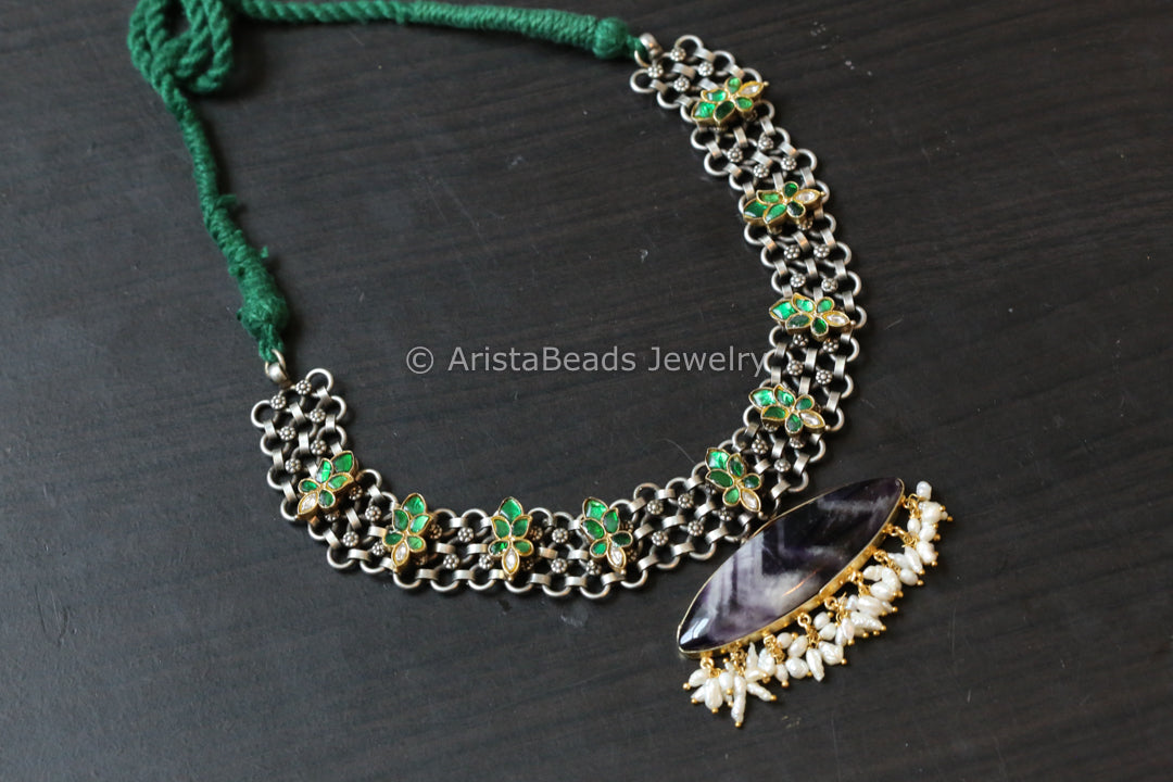 Real Silver Replica Necklace- Jadau Motif With Amethyst Stone