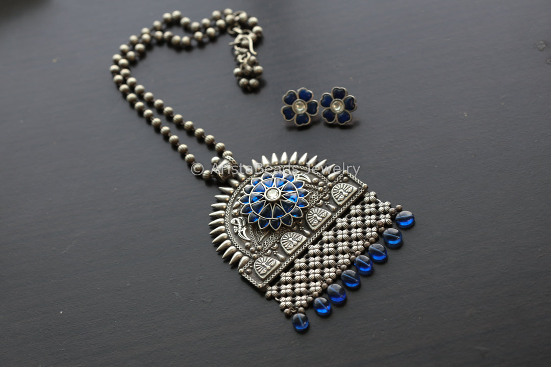 Silver Replica Necklace Set -Blue Jadau