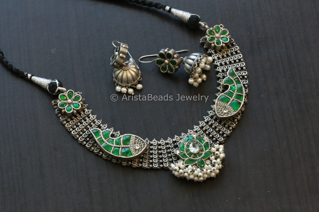 Next To Real Silver Jadau Fusion Necklace Set - Green