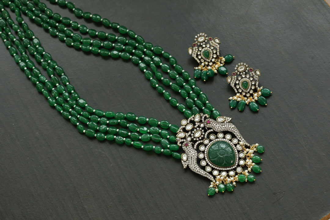 Victorian Polki & CZ  Necklace Set - Green Jade